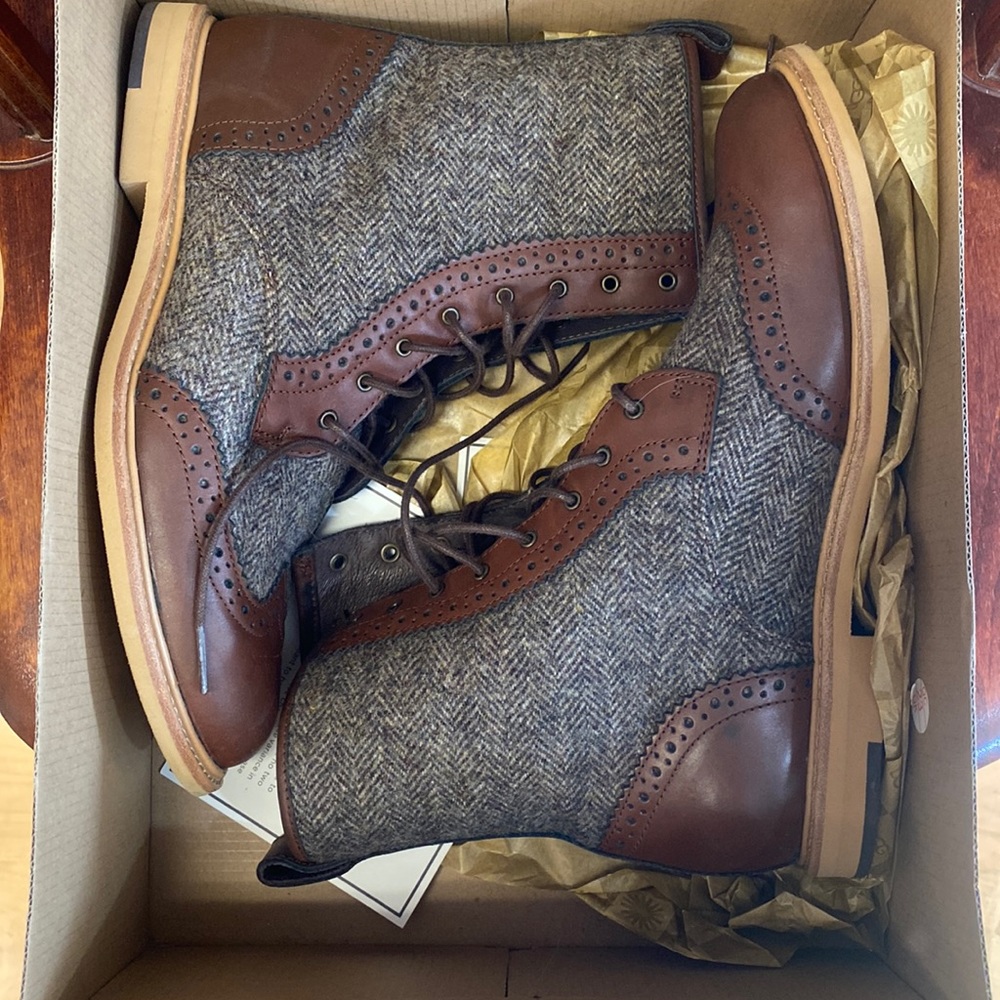 Women's Brown Leather & Gray Tweed Lace-Up Boots